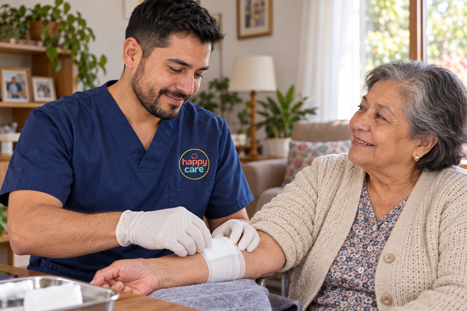 Enfermero con uniforme azul marino y logo Happy Care realizando una curación de antebrazo en domicilio